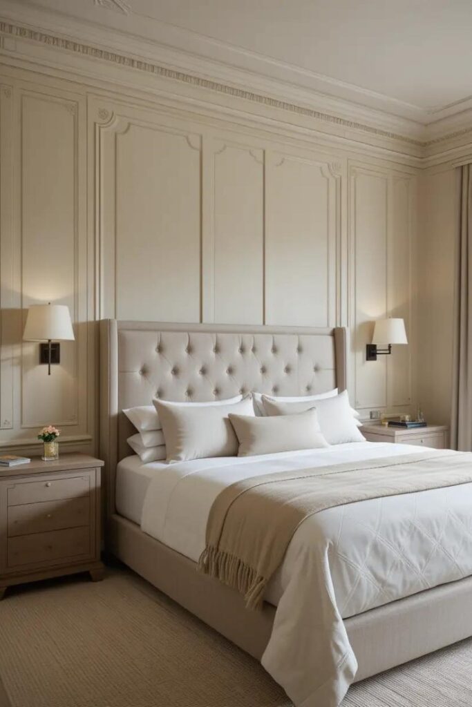 Beige bedroom with architectural wall detailing and neutral tones for subtle sophistication.