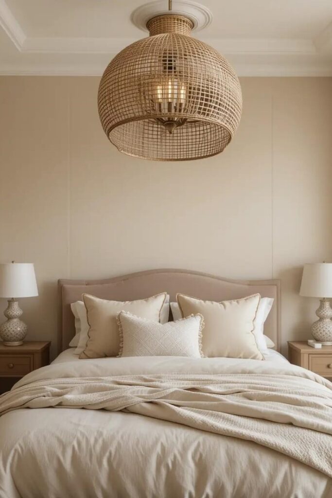 Beige bedroom with eye-catching lighting fixture as the focal point above neutral bedding.