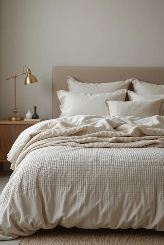 Beige bedroom with luxurious layered bedding and cozy textures in a serene neutral palette.