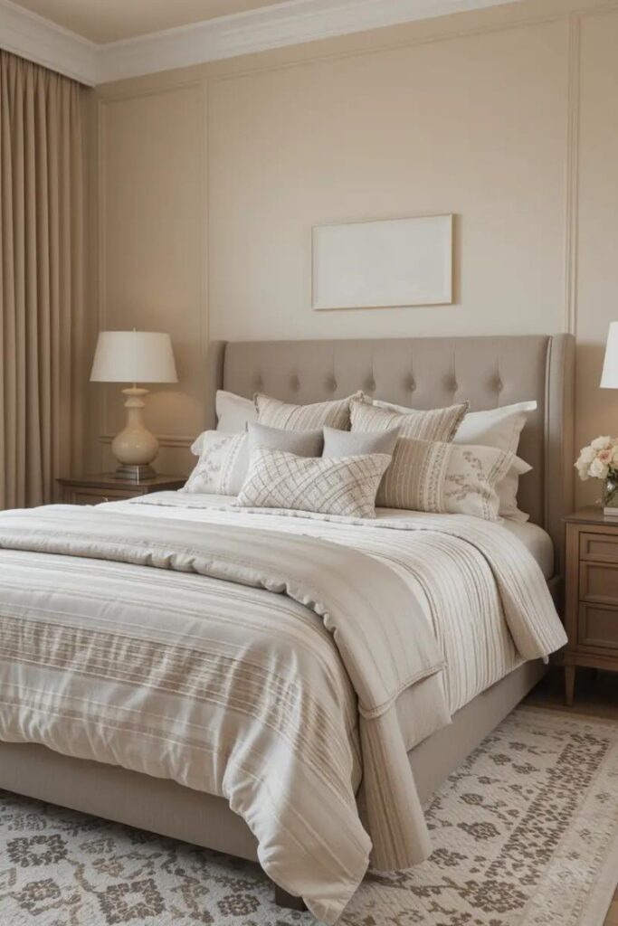 Beige bedroom with soft geometric patterns adding quiet visual interest to a neutral space.