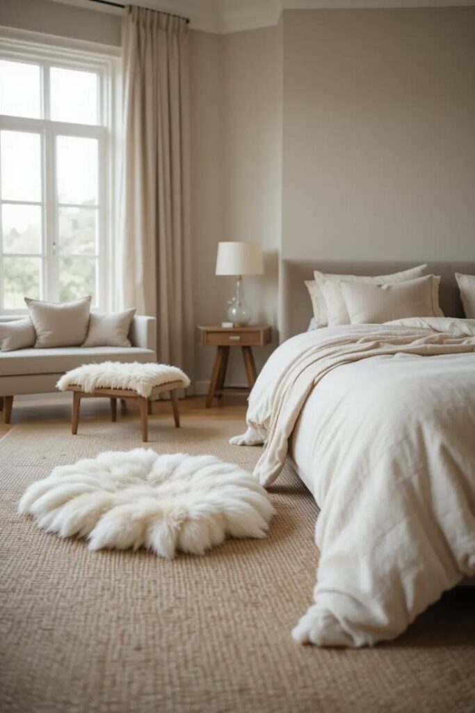 Beige bedroom with natural jute rug and layered textures for warmth and organic feel.