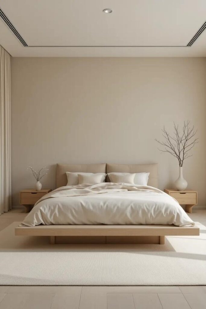 Minimalist beige bedroom with clean lines and clutter-free design for a peaceful retreat.