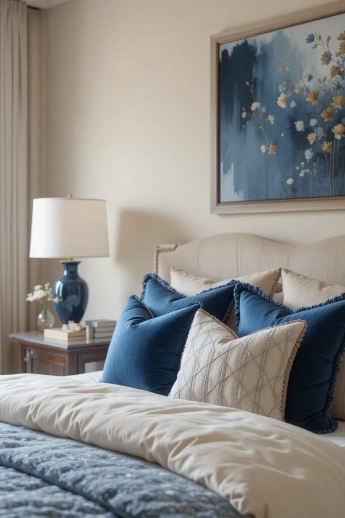 Beige bedroom with soft blue accents for a calming, coastal-inspired aesthetic.