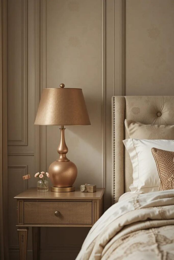 Beige bedroom with warm metallic accents adding glow and elegance to a neutral space.