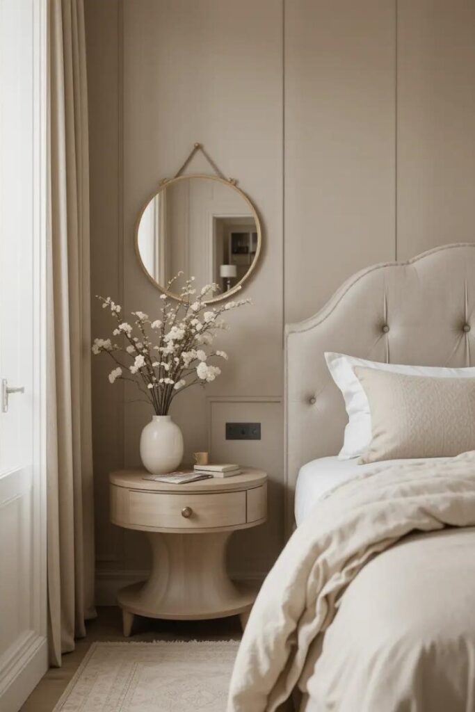 Beige bedroom with curved furniture and soft lines for a gentle, relaxing look.