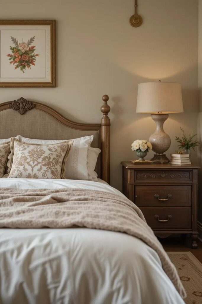 Beige bedroom with vintage furniture and antique details for added character and charm.