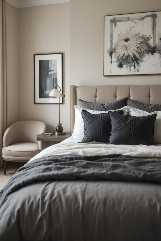 Beige bedroom with charcoal gray accents for a sophisticated and grounded neutral space.