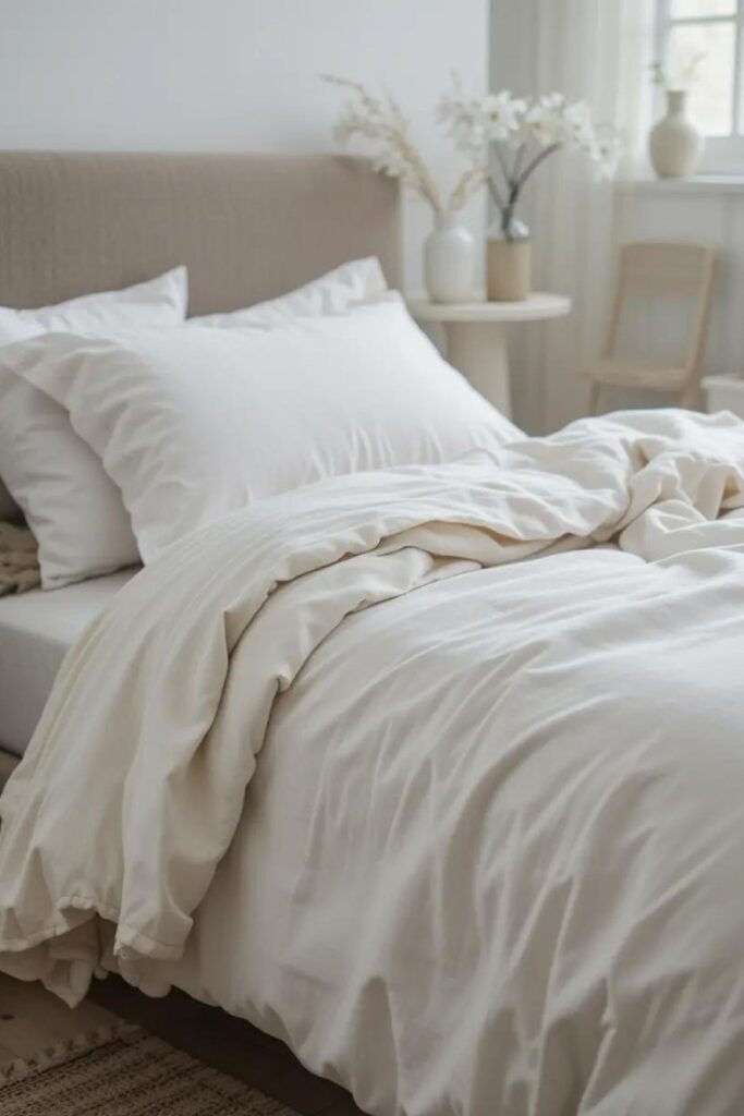 Summer bedroom with crisp cotton, linen, and bamboo bedding for a breathable, lightweight look.