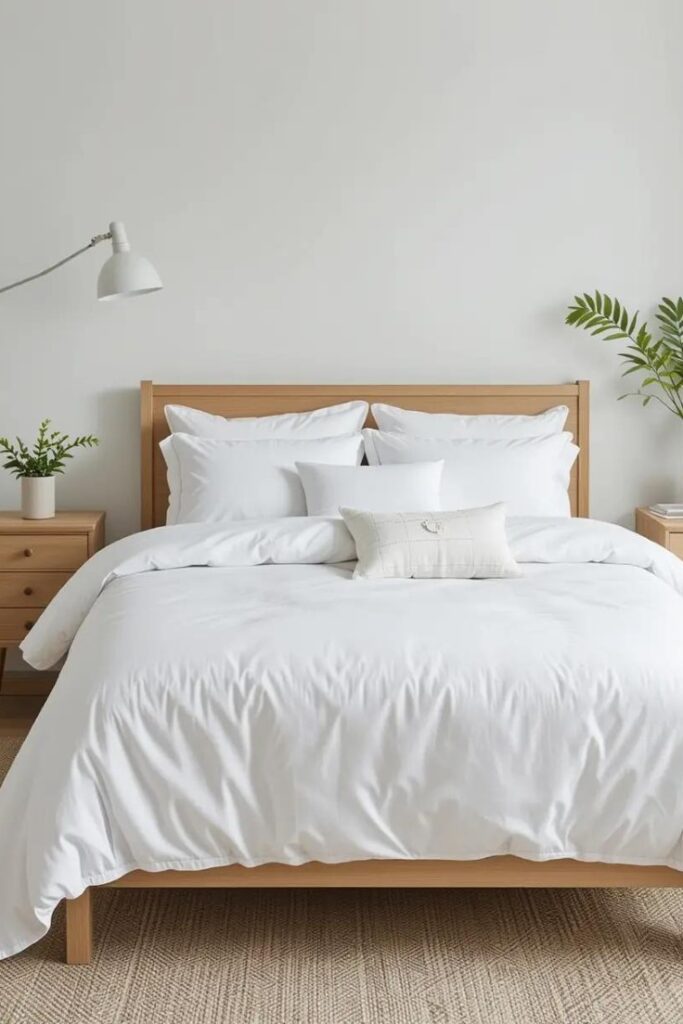Minimalist summer bed with a lightweight white cotton duvet for a cool, hotel-inspired feel.