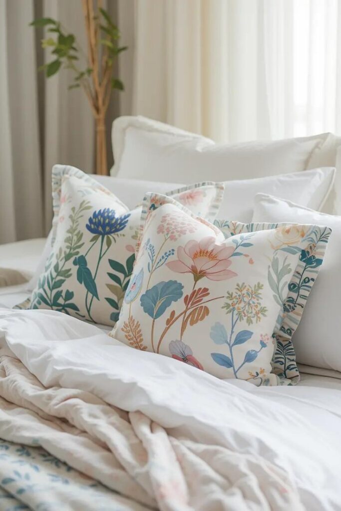 Neutral bed with summer-themed decorative pillows in soft stripes and botanical prints.
