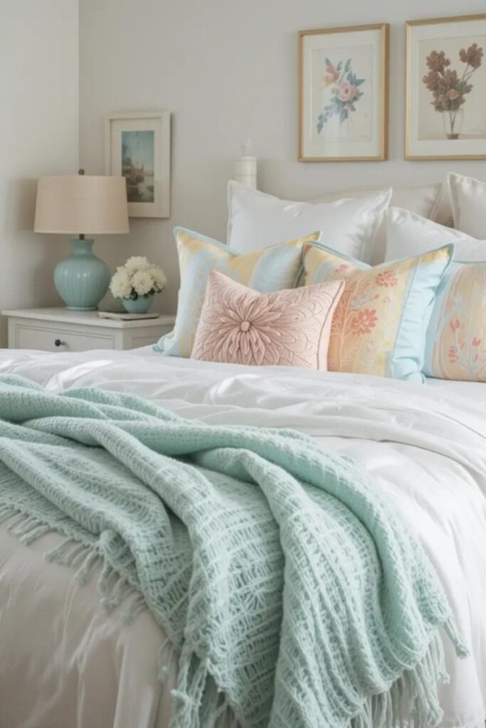 Bedroom decorated with soft summer tones like aqua, coral, and pale yellow for a seasonal refresh.