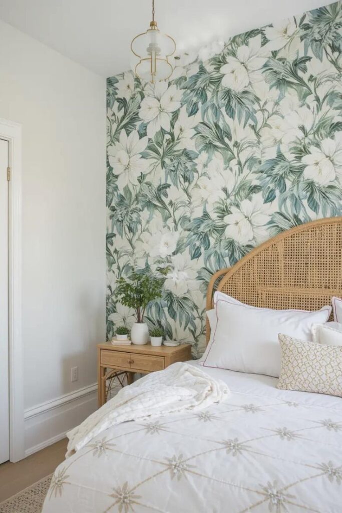Summer bedroom featuring removable botanical wallpaper for a temporary seasonal update.