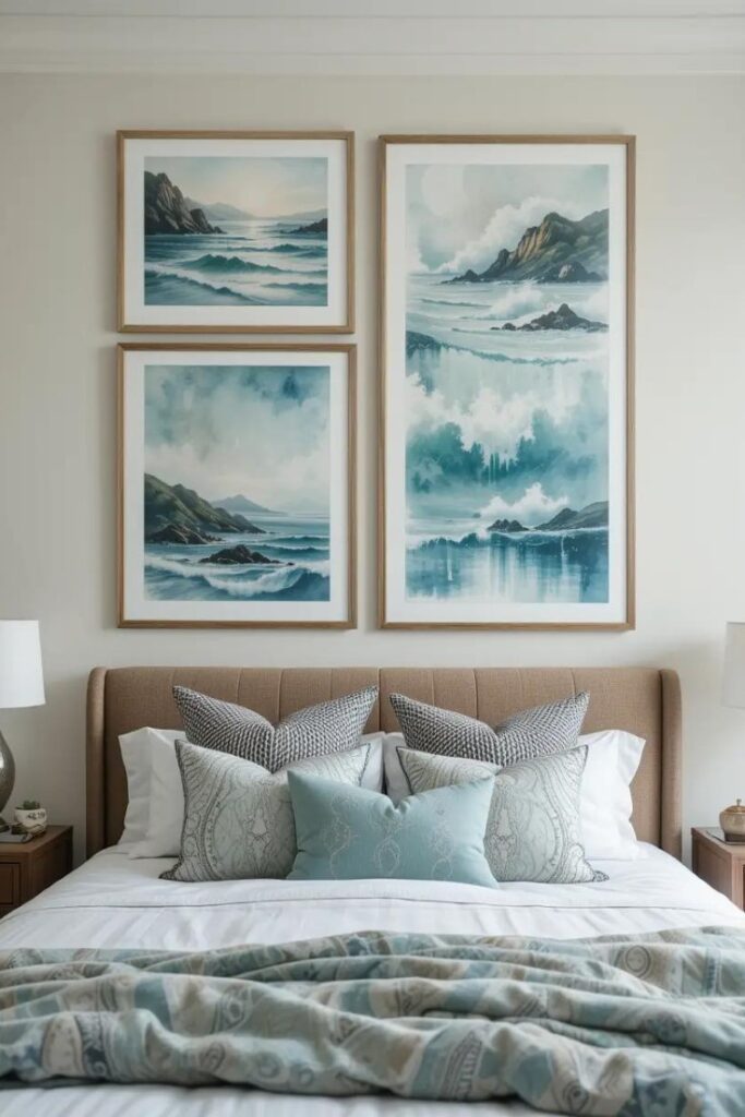 Summer bedroom with light artwork in coastal and watercolor styles to brighten the space.