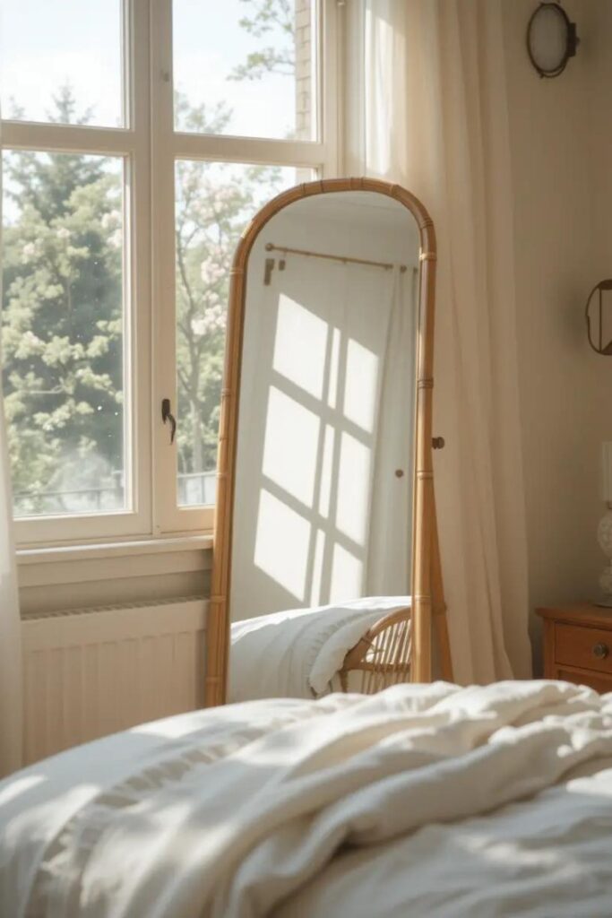 Mirror placed opposite window in summer bedroom to reflect natural light and add brightness.