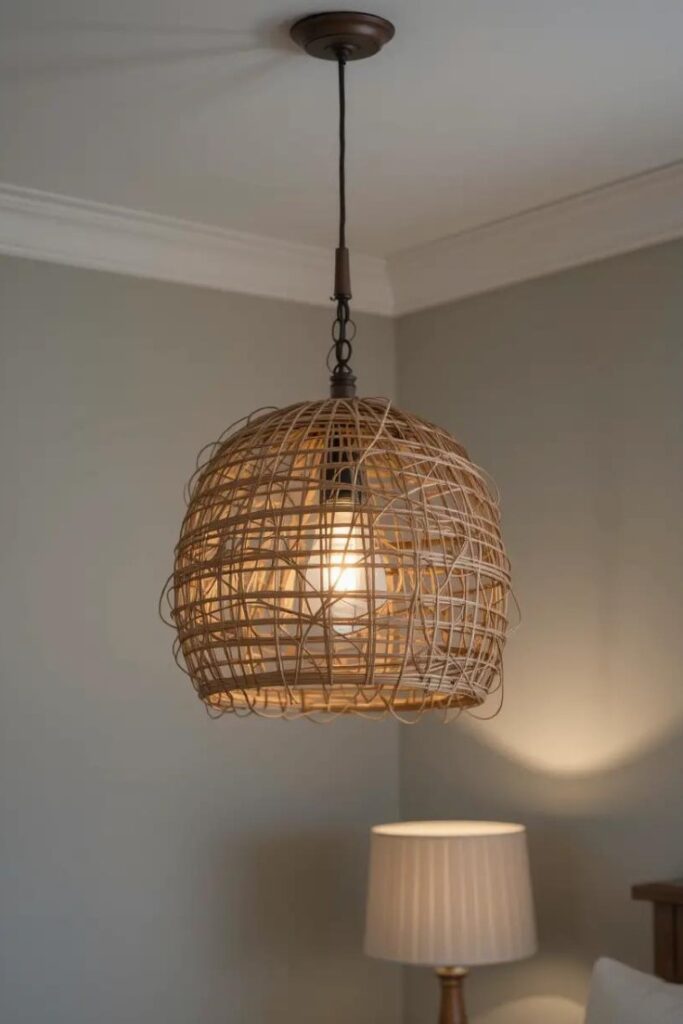 Summer lighting with woven light fixtures and string lights for a cozy seasonal glow.