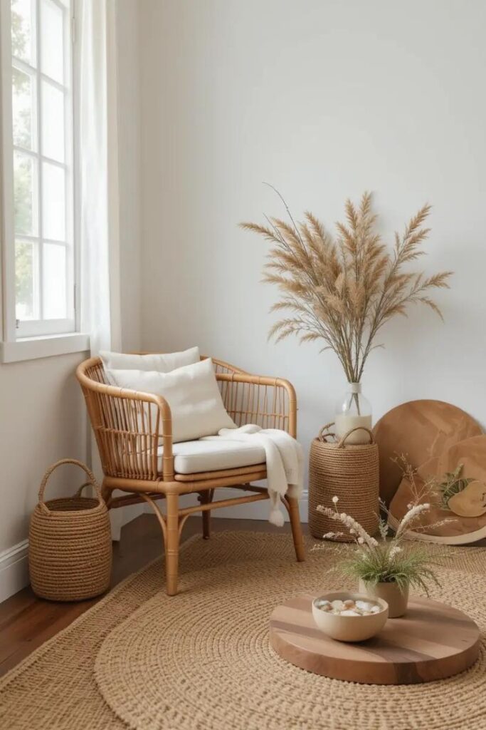 Summer bedroom with jute rug and natural bamboo and wood accents for a relaxed feel.