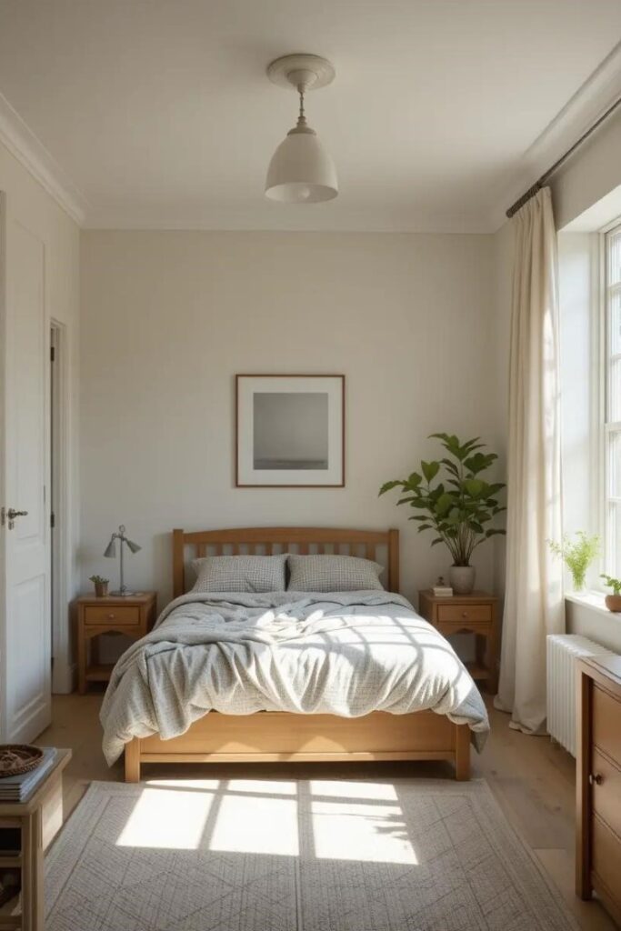 Summer bedroom with rearranged furniture layout to improve airflow and openness.