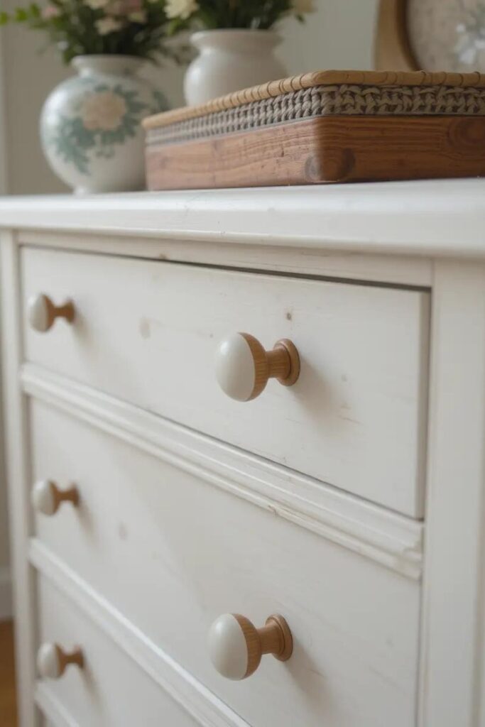 Dresser with updated hardware in light wood and ceramic for a subtle summer bedroom refresh.