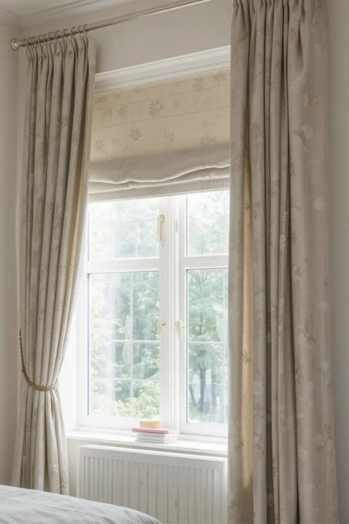 Window with sheer curtains and blackout roller blinds for summer light control.