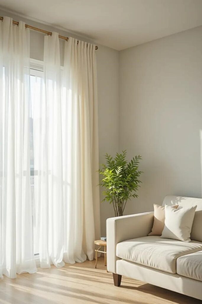 Bright summer living room with sheer white cotton curtains letting natural light in.