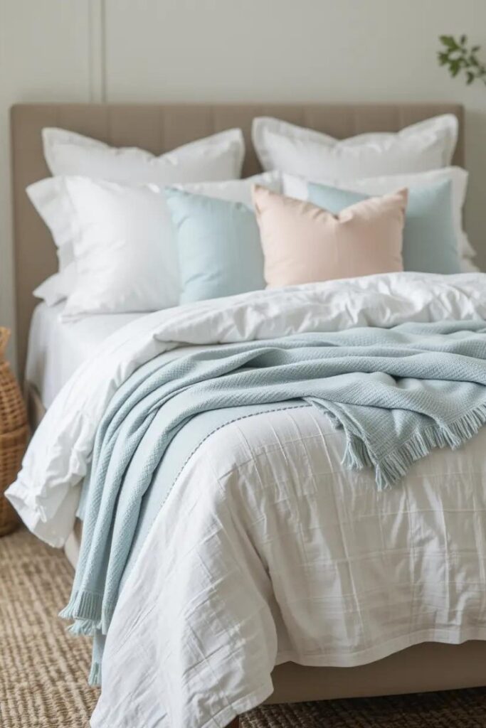 White linen bedding with light blue accents in a summer-inspired bedroom.
