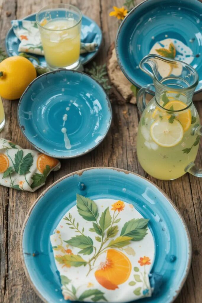 Summer table setting with blue ceramic dishes and citrus-themed accents.