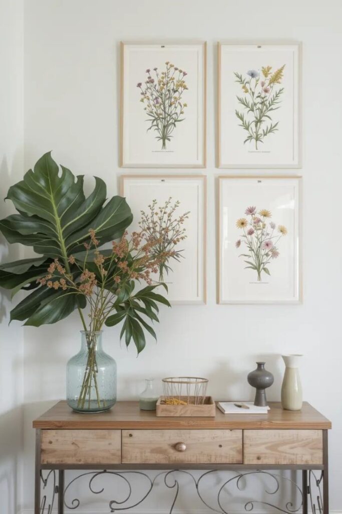 Console table with summer greenery and botanical prints for fresh seasonal decor.