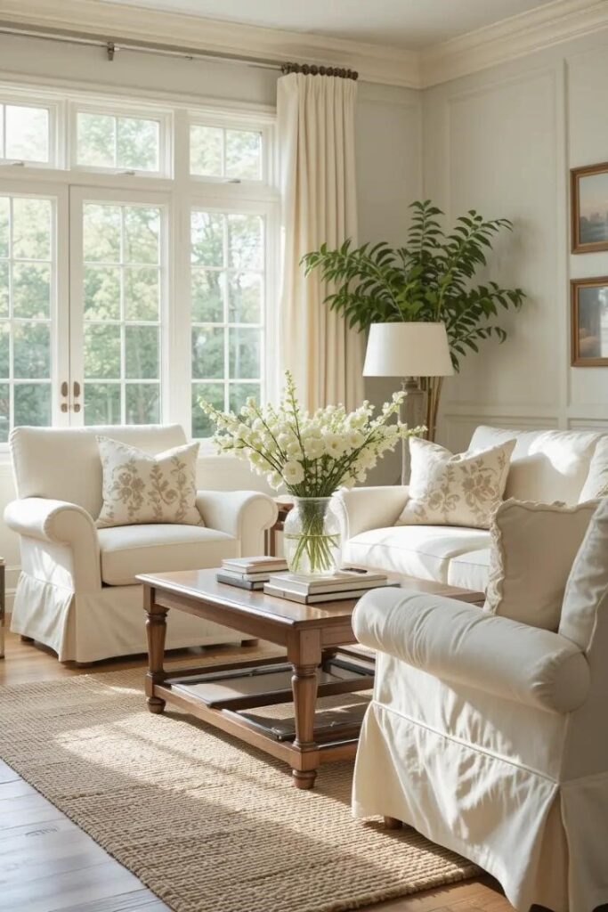 Cream slipcovered furniture in a summer-ready living room with natural accents.