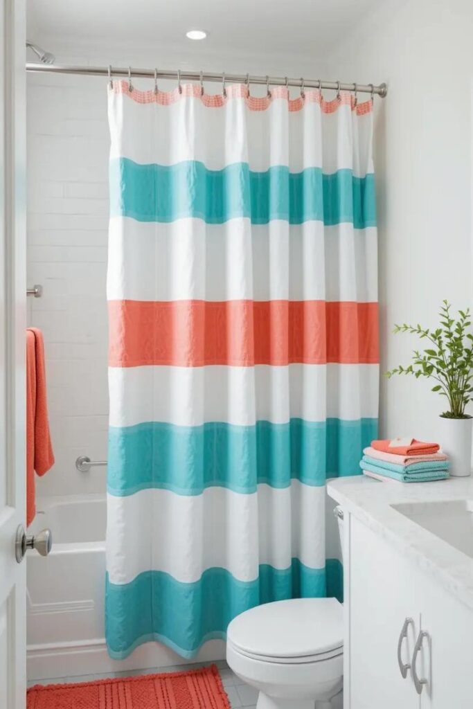 Bright summer bathroom with colorful towels and fresh accents.
