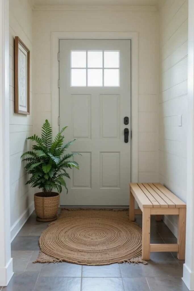 Summer entryway with natural fiber mat, greenery, and simple decor.