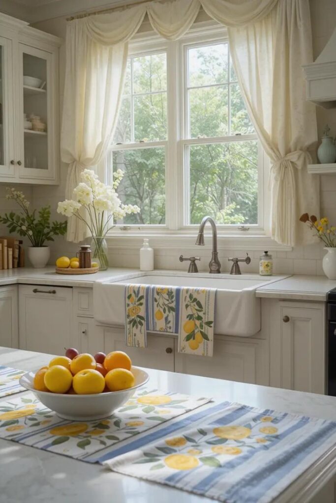 Light summer kitchen textiles with fruit motifs and breezy fabrics.