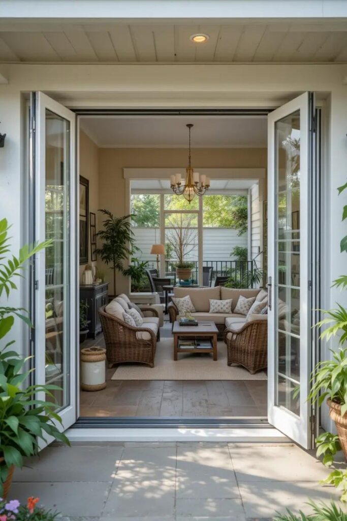 Seamless indoor-outdoor living with plants and cozy summer furnishings.