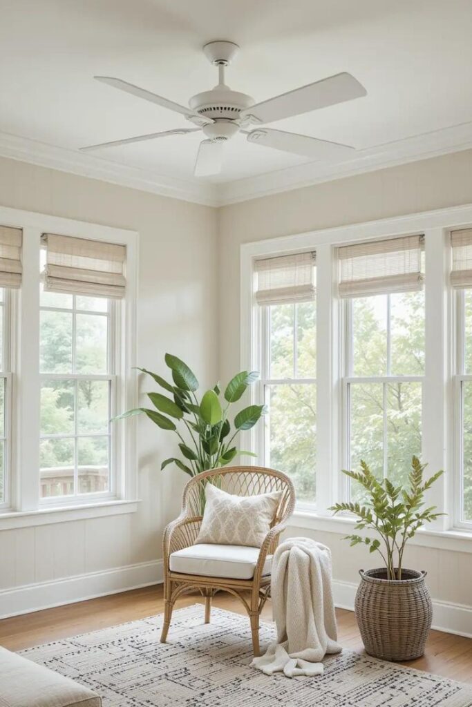 Stylish ceiling fan in a summer-ready room with light, airy decor.