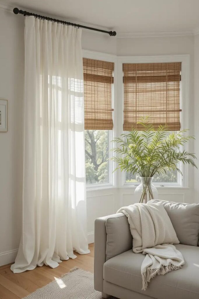 Sheer white linen curtains and bamboo shades letting in soft sunlight in a summer living room