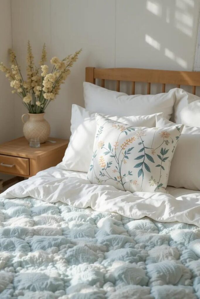  Summer bedroom with lightweight cotton bedding and botanical print cushions