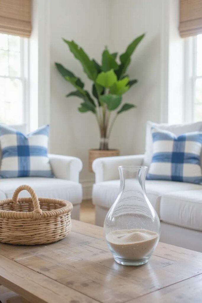 Coastal-inspired living room with blue accents