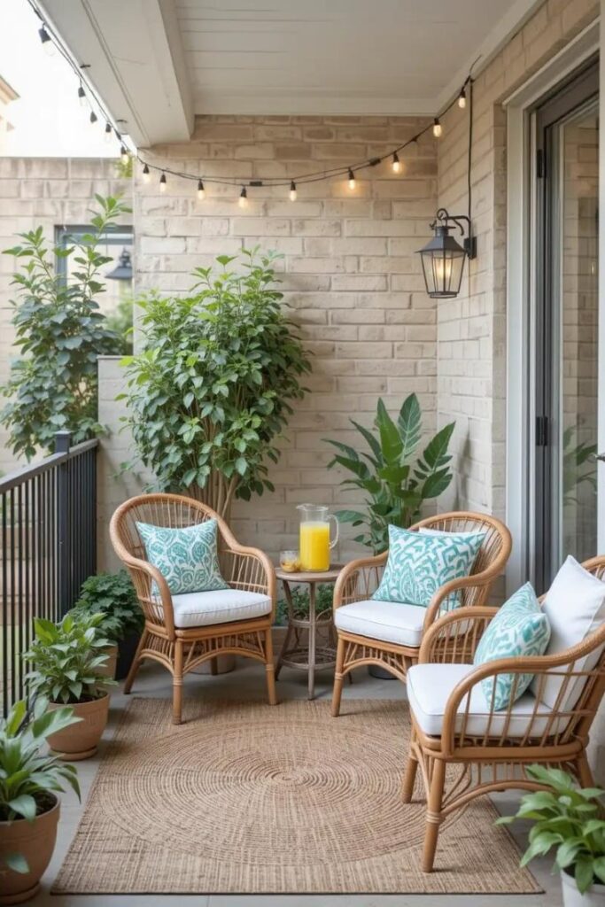 Summer balcony with cozy outdoor seating, string lights, and greenery
