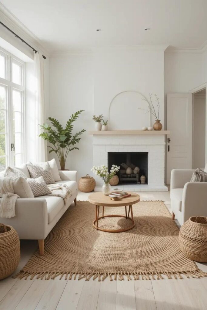 Living room with jute rug and natural textures for a summer refresh