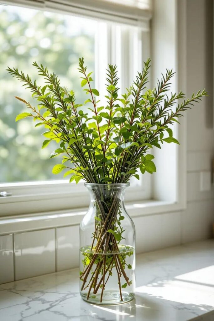 Summer kitchen with fresh herbs