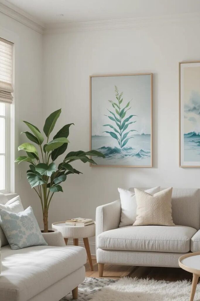 Living room with summer wall decor featuring botanical and abstract prints