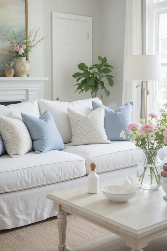 Bright summer room with white furniture and soft blue and cream accents