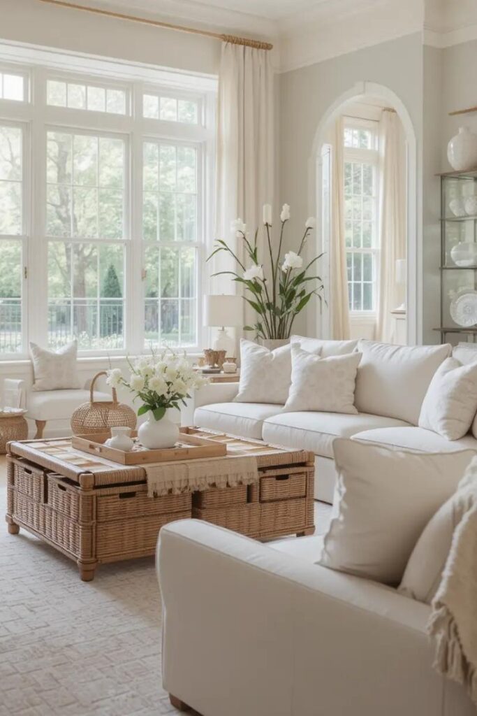 Living room with natural materials like rattan, wicker, and bamboo for summer