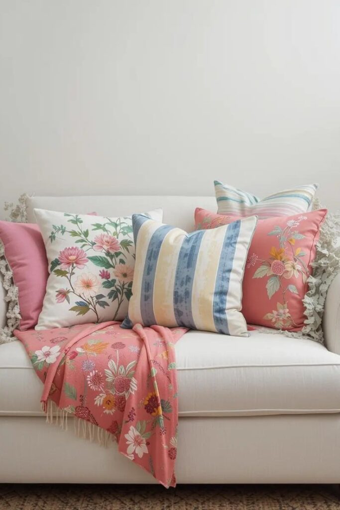 Summer throw pillows in vibrant colors and patterns on a white sofa