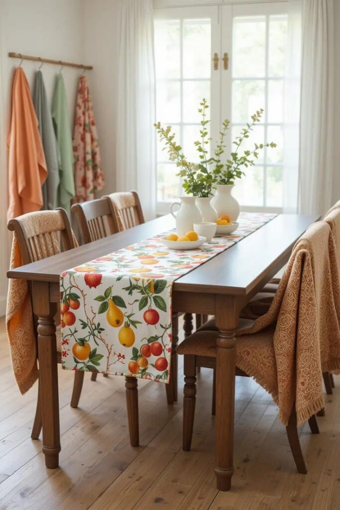 Dining area with cheerful summer textiles like printed runners and tea towels