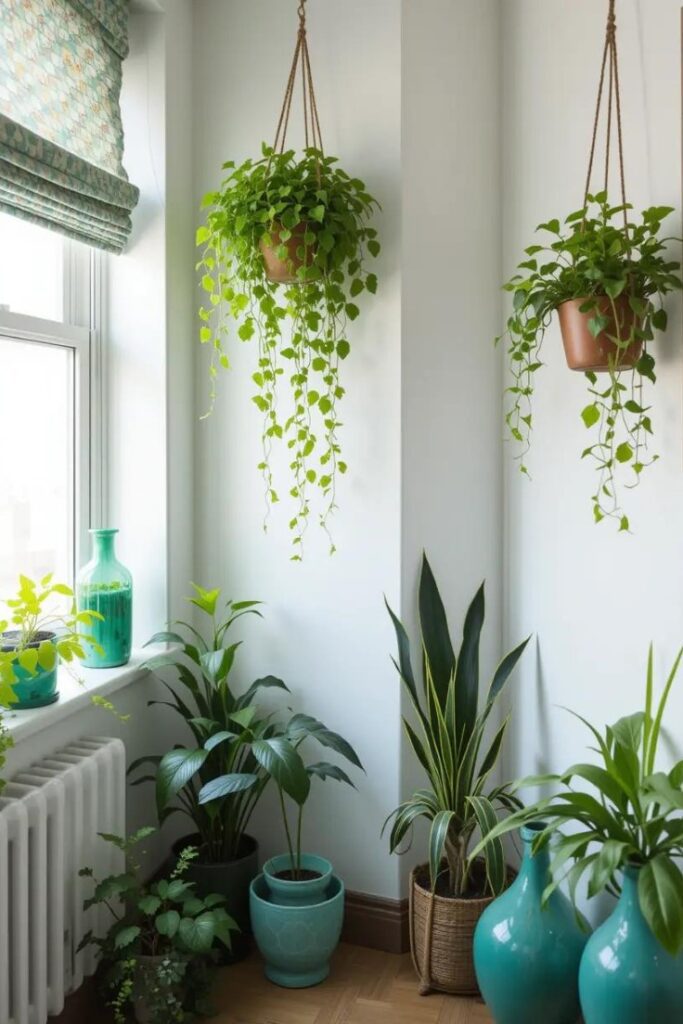 Small apartment with potted plants, hanging greenery, and emerald decor to bring fresh natural elements indoors.