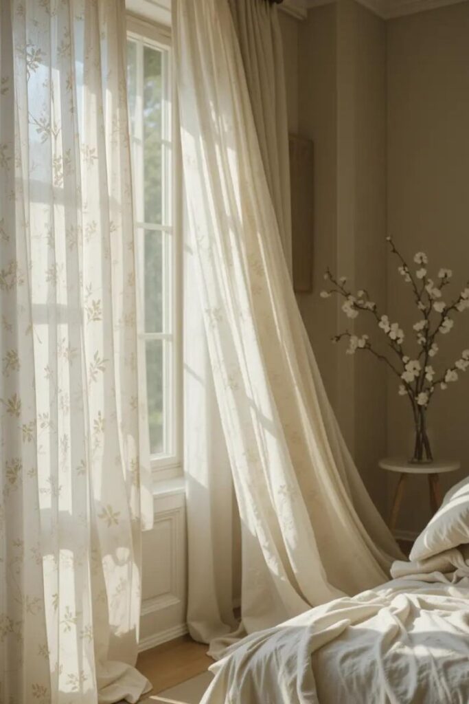 Small living room with sheer, lightweight curtains allowing natural light to brighten the space and create a cool, summery atmosphere.