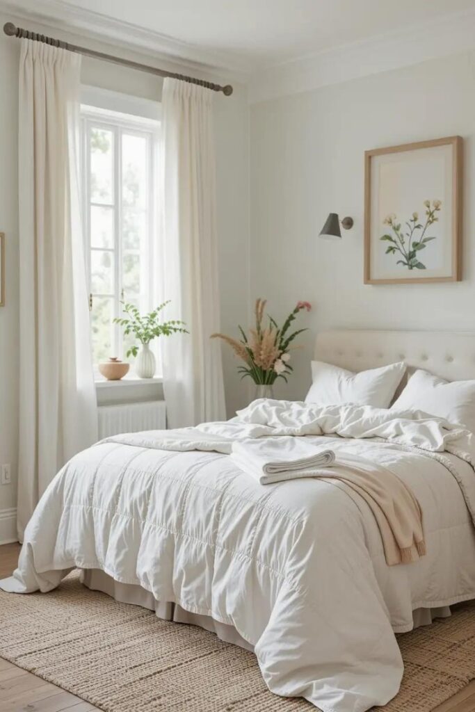 Bedroom with breathable cotton quilt in light colors to create a comfortable and cool sleeping space for summer.