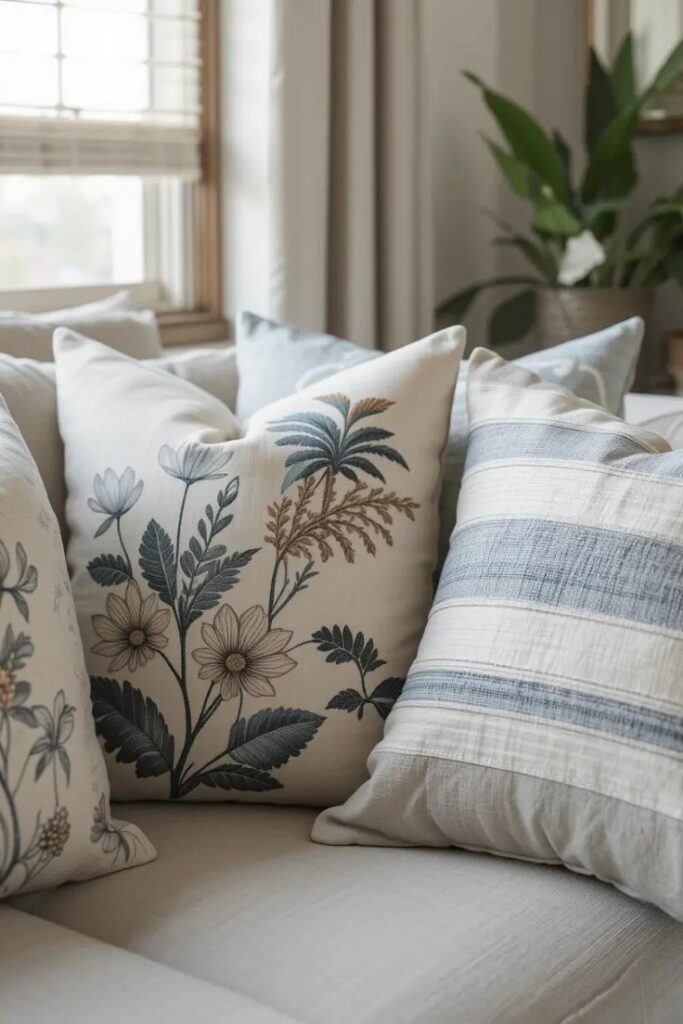 Cozy living room with summer throw pillows in botanical and coastal patterns, creating a light and fresh look for the season.