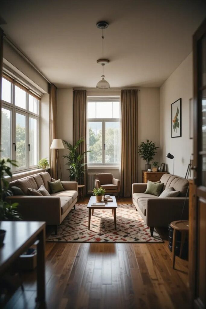 Small apartment with furniture rearranged for optimal airflow and light, enhancing the summery, open atmosphere.