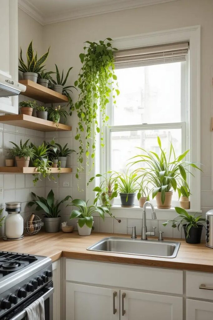 Small kitchen with low-maintenance indoor plants like snake plants and succulents, adding a natural touch to the space.